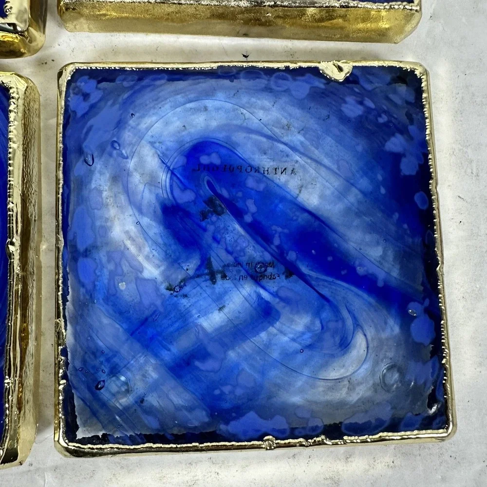 Anthropologie Blue Agate Coasters Set Of 4 Gold Edge EUC Fast‎ Shipping